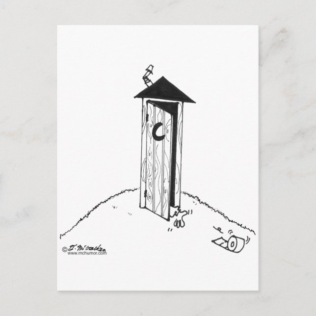 TP Rolls Away From an Outhouse Postcard (Front)