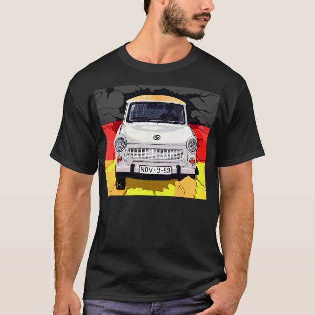 Trabant Car and German Flag, Berlin Wall T-Shirt (Front)