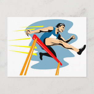 track and field athlete jumping hurdles postcard