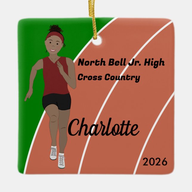 Track and Field Girl Black Hair in Maroon Ceramic Ornament (Front)