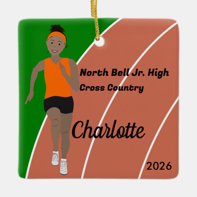 Track and Field Girl Black Hair in Orange Ceramic Ornament (Front)