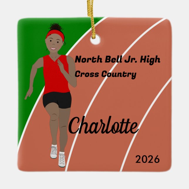 Track and Field Girl Black Hair in Red Ceramic Ornament (Front)