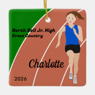 Track and Field Girl Brown Hair Blue Black Ceramic Ornament