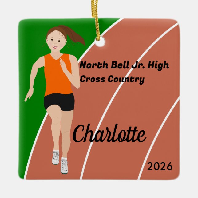 Track and Field Girl Brown Hair in Orange Black Ceramic Ornament (Front)