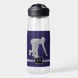 Track and Field Runner Faux Silver Glitter Monogra Water Bottle