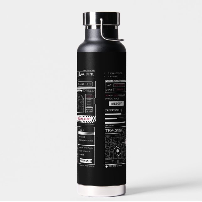 Tracking - Techno-Brutalist Streetwear Design Water Bottle (Left)