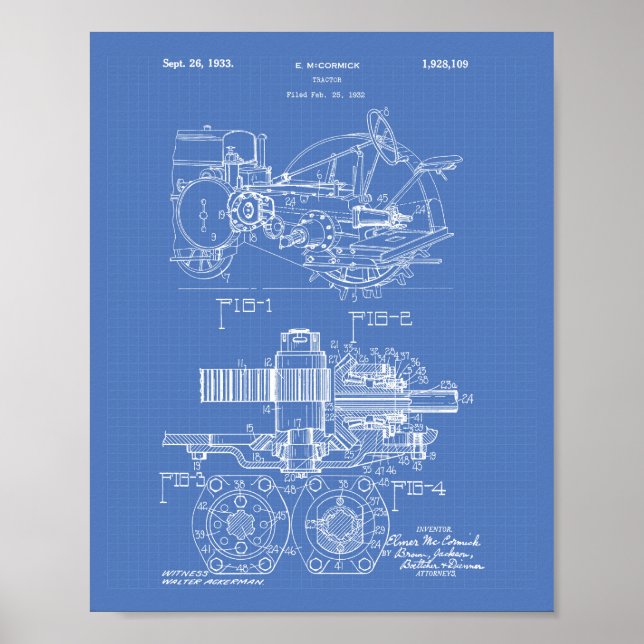 Tractor 1932 Patent Art Blueprint Poster (Front)