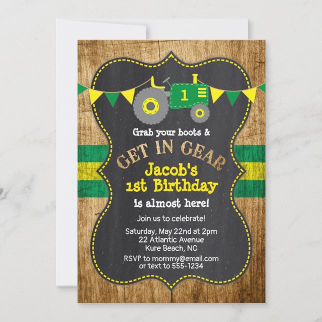 Tractor 1st Birthday Boy Party Green Yellow Invitation (Front)