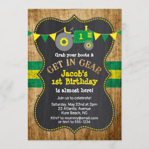 Tractor 1st Birthday Boy Party Green Yellow Invitation