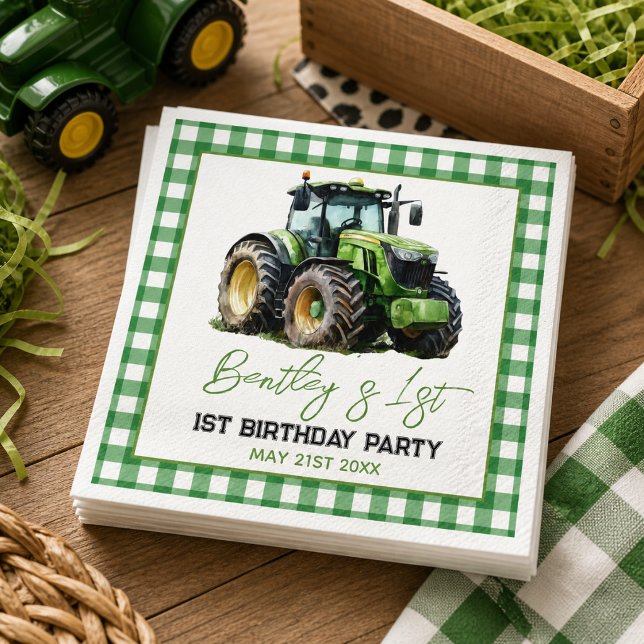 Tractor 1st Birthday Party Fun Farm  Napkin (Fun Blue Farm Green Tractor 1st Birthday Party paper napkins

)