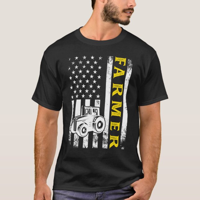 Tractor American Usa Flag  Farmer Rancher  Farming T-Shirt (Front)