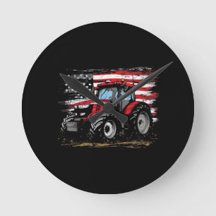 Tractor American Vintage Farm Farming Flag Patriot Round Clock