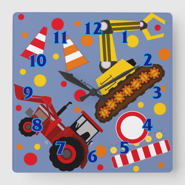 Tractor and bulldozer polka dot boy kids room square wall clock (Front)