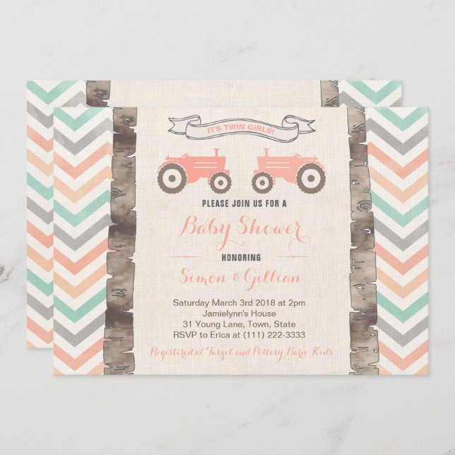 Tractor Aqua Coral Grey Girl Baby Shower Invitation (Front/Back)