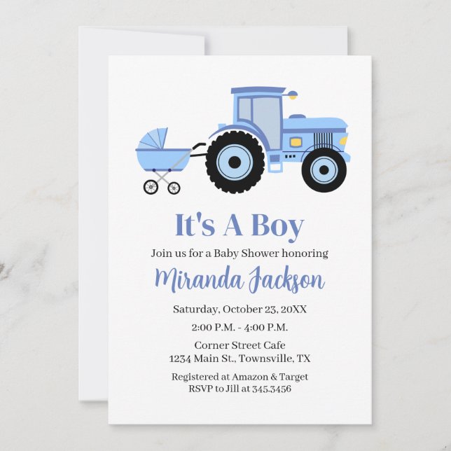 Tractor Baby Shower Invitation Blue (Front)