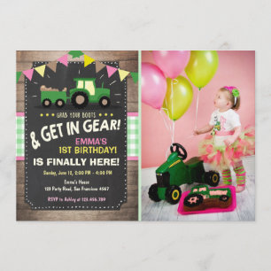 Tractor birthday invitation Farm party Girl pink