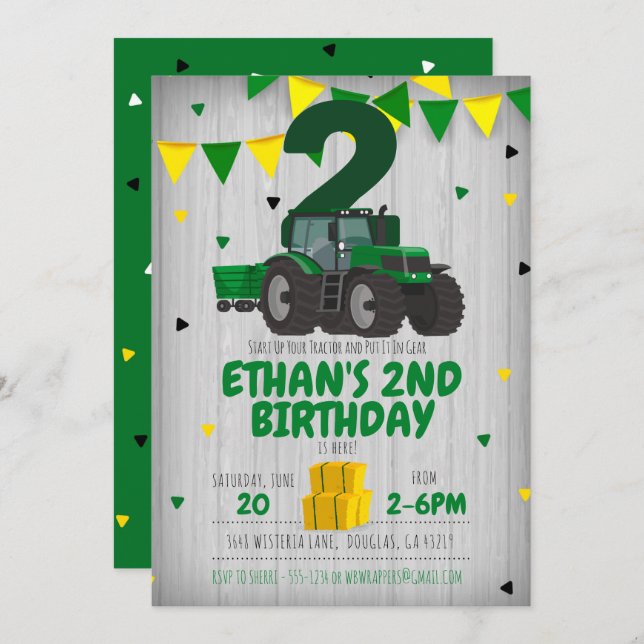 Tractor birthday invitation for any age (Front/Back)