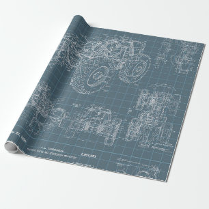 Tractor Blueprint Grey Background Wrapping Paper