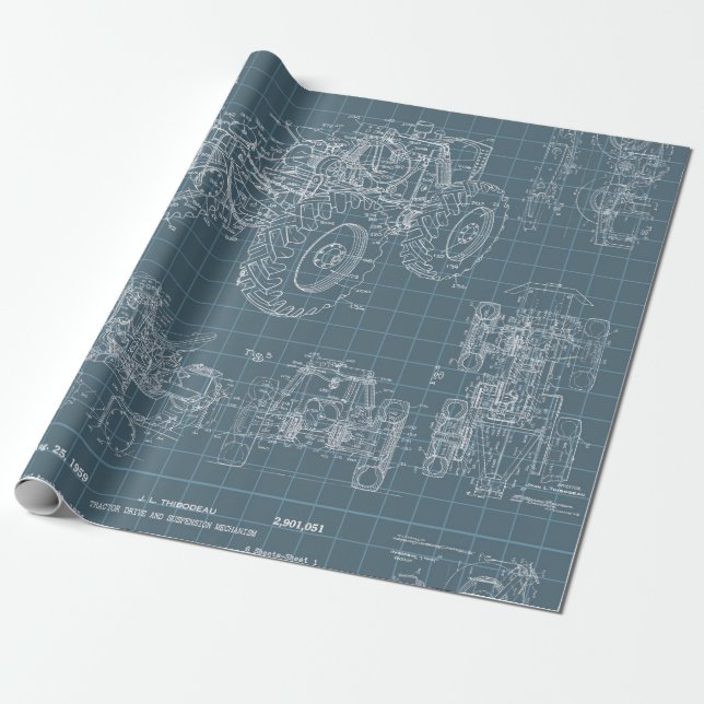 Tractor Blueprint Grey Background Wrapping Paper (Unrolled)