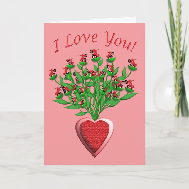 Tractor Bouquet with Red Heart Vase Card (Front)