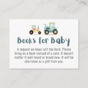 Tractor boy baby shower books for baby enclosure card