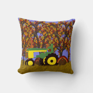 Tractor by Autumn Trees and Turkeys 1-Green Cushion