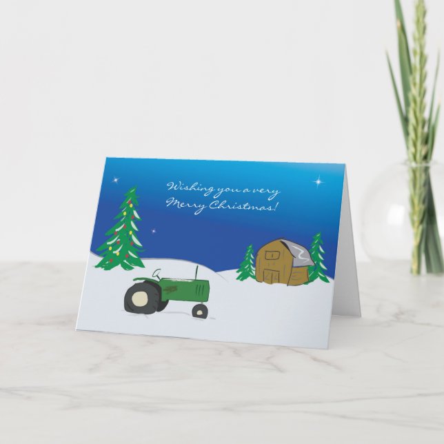 Tractor Christmas Card: Winter Barn Scene Holiday Card (Front)
