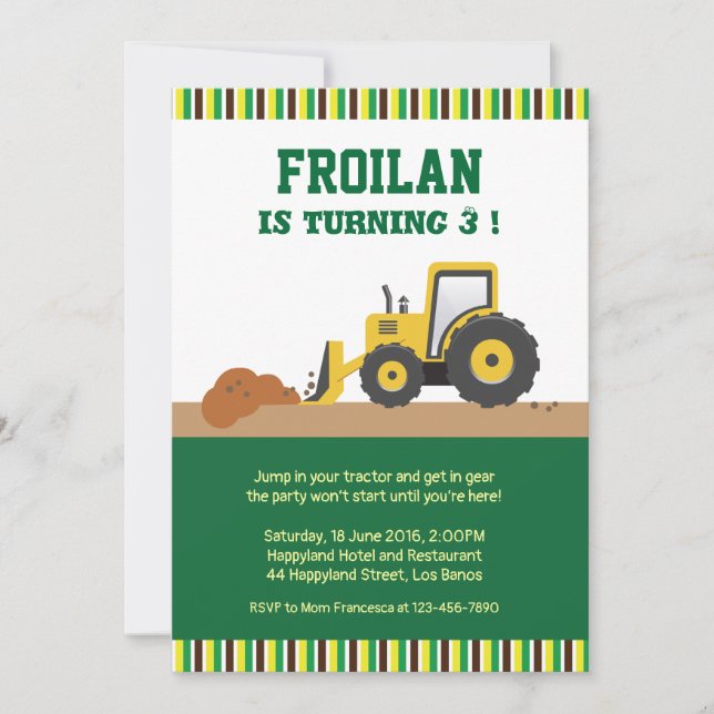 Tractor Construction Stripes Birthday Invitation (Front)