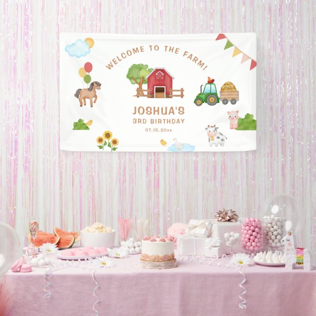Tractor Cute Red Barn Animals Birthday Party Banner (Party)