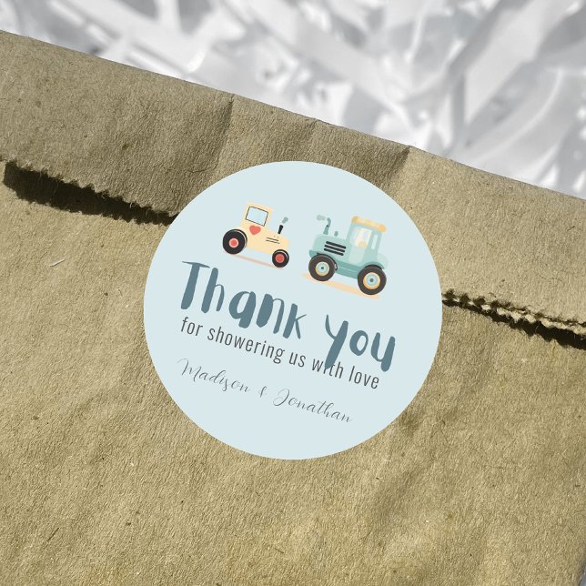 Tractor driver farm boy baby shower thank you  classic round sticker (Creator Uploaded)