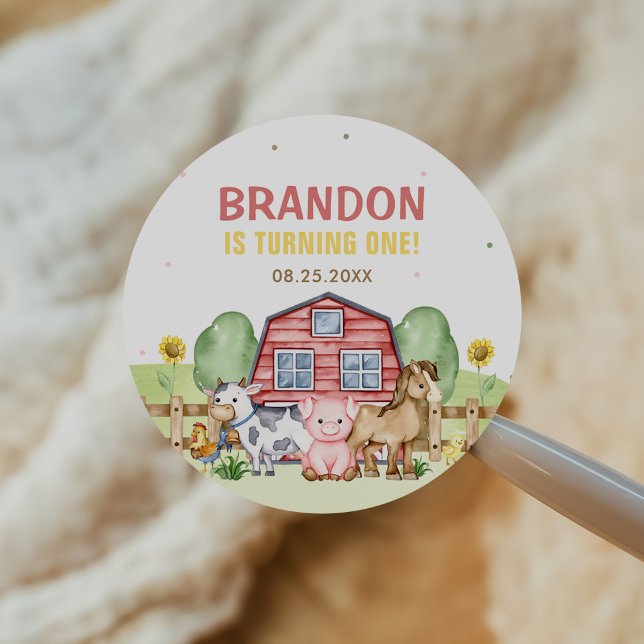 Tractor Farm Animals 1st Birthday Classic Round Sticker (Creator Uploaded)