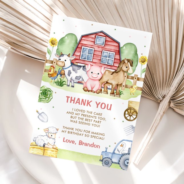 Tractor Farm Animals 1st Birthday Thank You Card (Creator Uploaded)