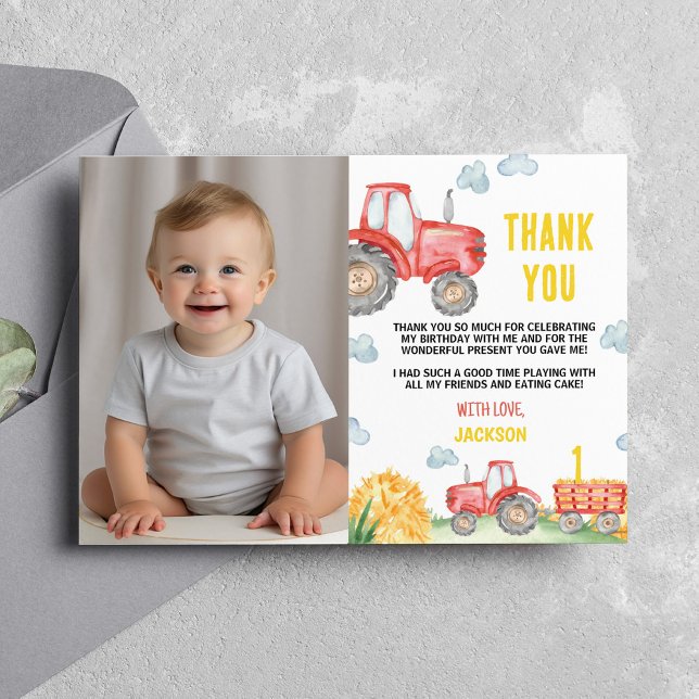 Tractor Farm Birthday Party Photo Thank You Card (Creator Uploaded)