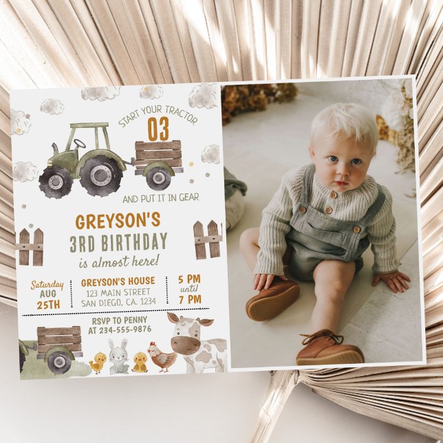 Tractor Farm Boy 3rd Birthday Party Photo Invitation (Creator Uploaded)