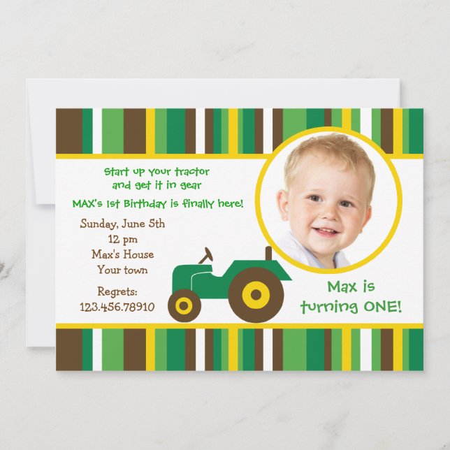 Tractor farm Photo Birthday Party Invitations (Front)