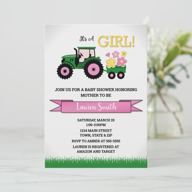Tractor Girl Baby Shower Invitation, Pink Tractor  Invitation (Standing Front)