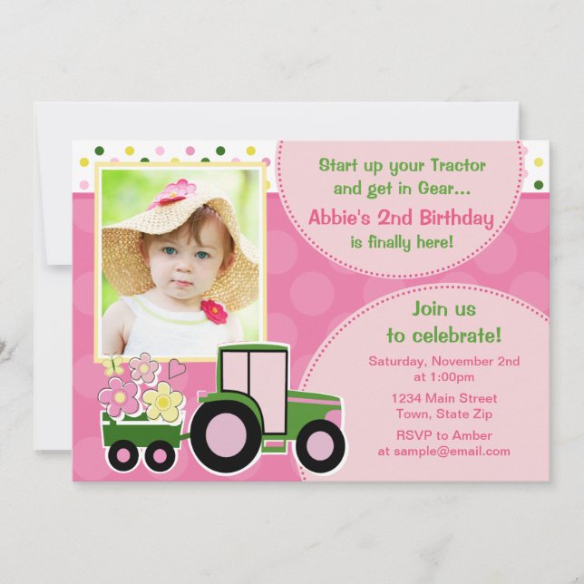 Tractor Girl Birthday Invitation 5x7 Photo Card (Front)