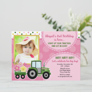 Tractor Girl Birthday Invitation Pink Photo Card