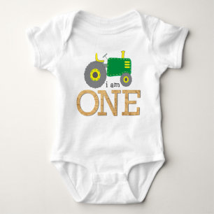 Tractor Green Yellow Wood 1st First Birthday Baby Bodysuit