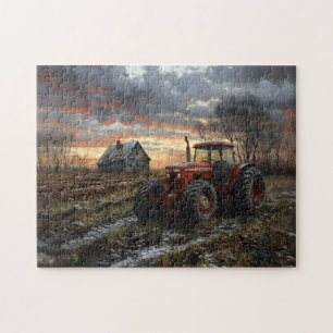 Tractor in a Farm Field Rustic Jigsaw Puzzle