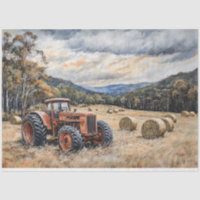 Tractor in a Hay Field Rustic Decoupage