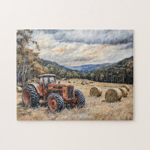 Tractor in a Hay Field Rustic Jigsaw Puzzle