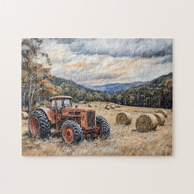 Tractor in a Hay Field Rustic Jigsaw Puzzle (Horizontal)