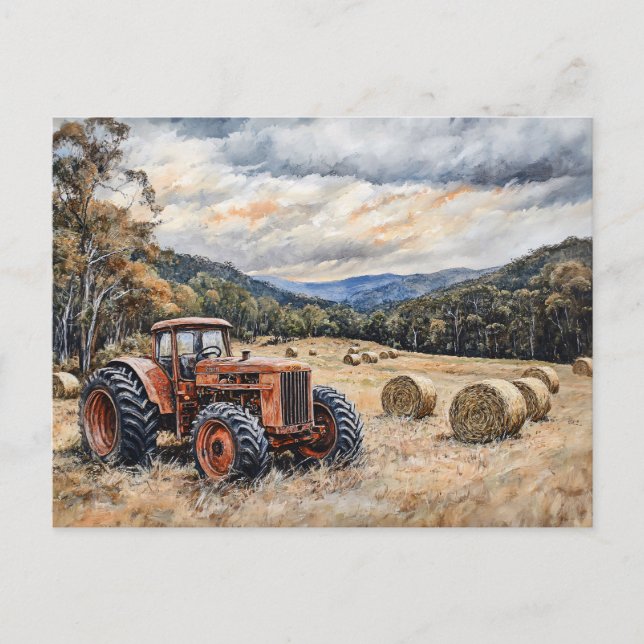 Tractor in a Hay Field Rustic Postcard (Front)