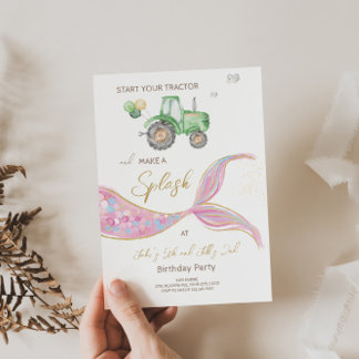 Tractor Mermaid Joint Theme Birthday Invitation 