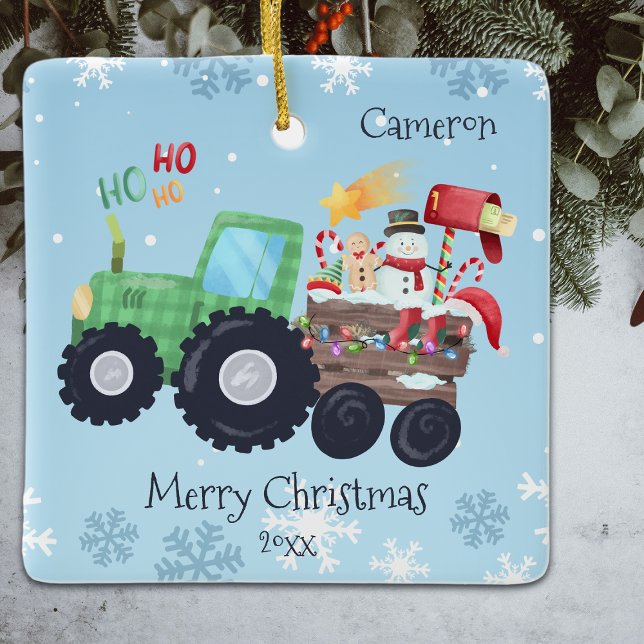 Tractor Merry Christmas Name And Year Ceramic Ornament (Creator Uploaded)