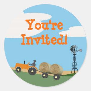 Tractor on the Farm Party Envelope Seal: Orange Tr Classic Round Sticker