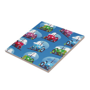 Tractor Pattern (Blue Background) Ceramic Tile