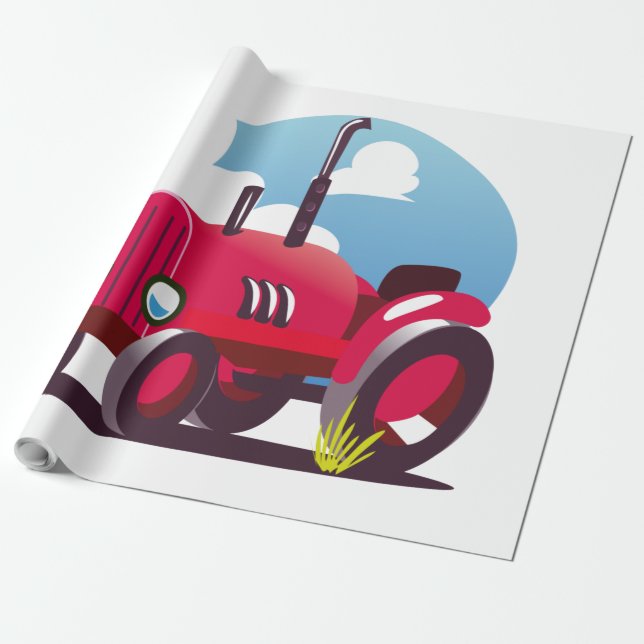 Tractor Pattern (Blue Background) Wrapping Paper (Unrolled)