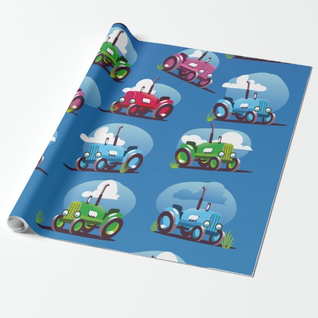 Tractor Pattern (Blue Background) Wrapping Paper (Unrolled)